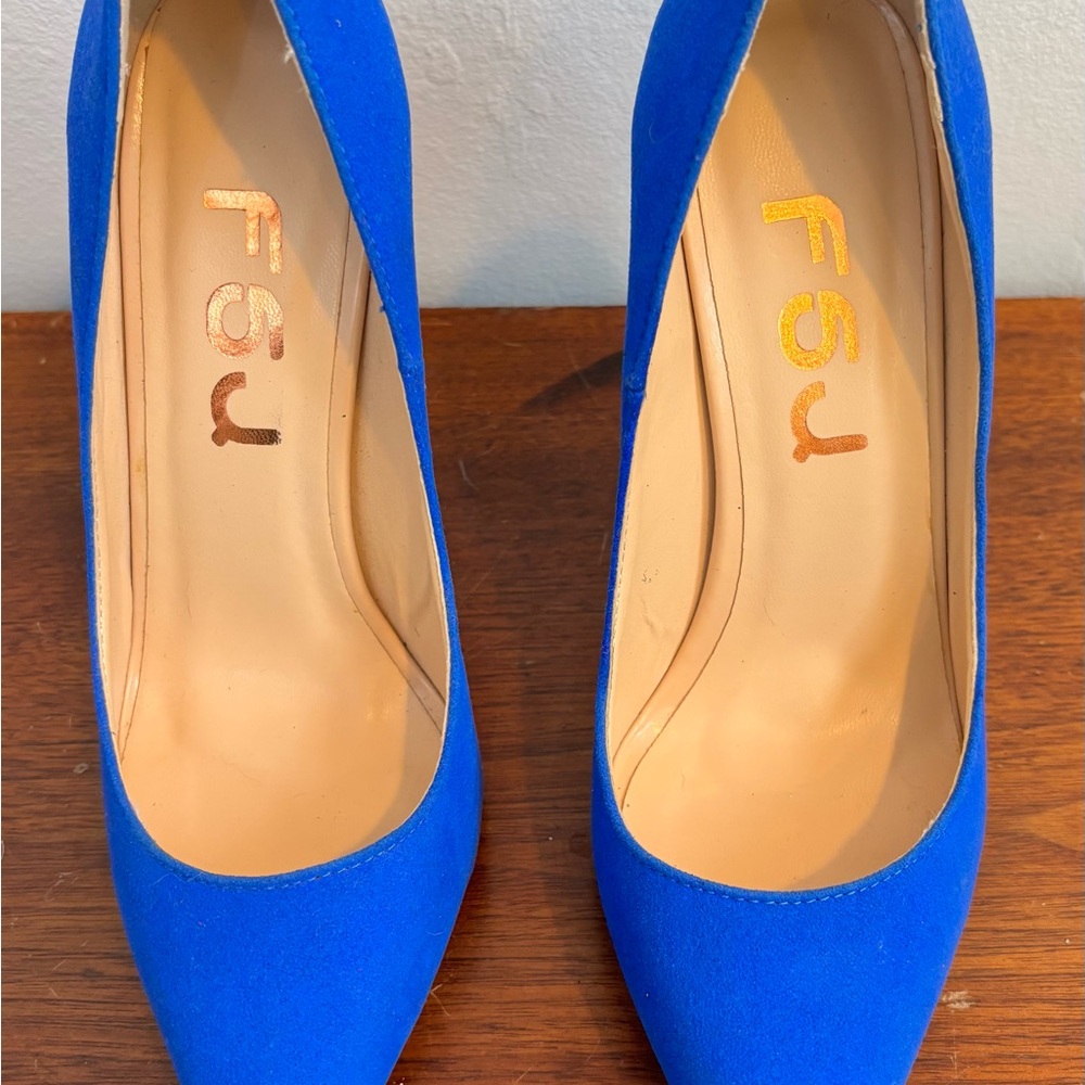 F5J Blue Suede Heels Classic Pointed Toe
